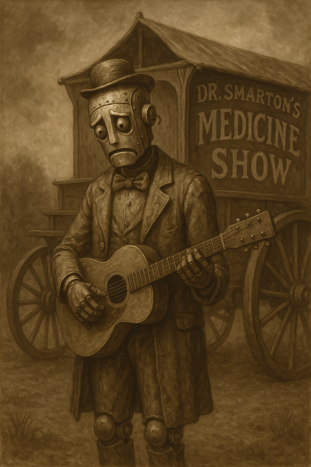 Sad 1880s robot traveling medicine show performer