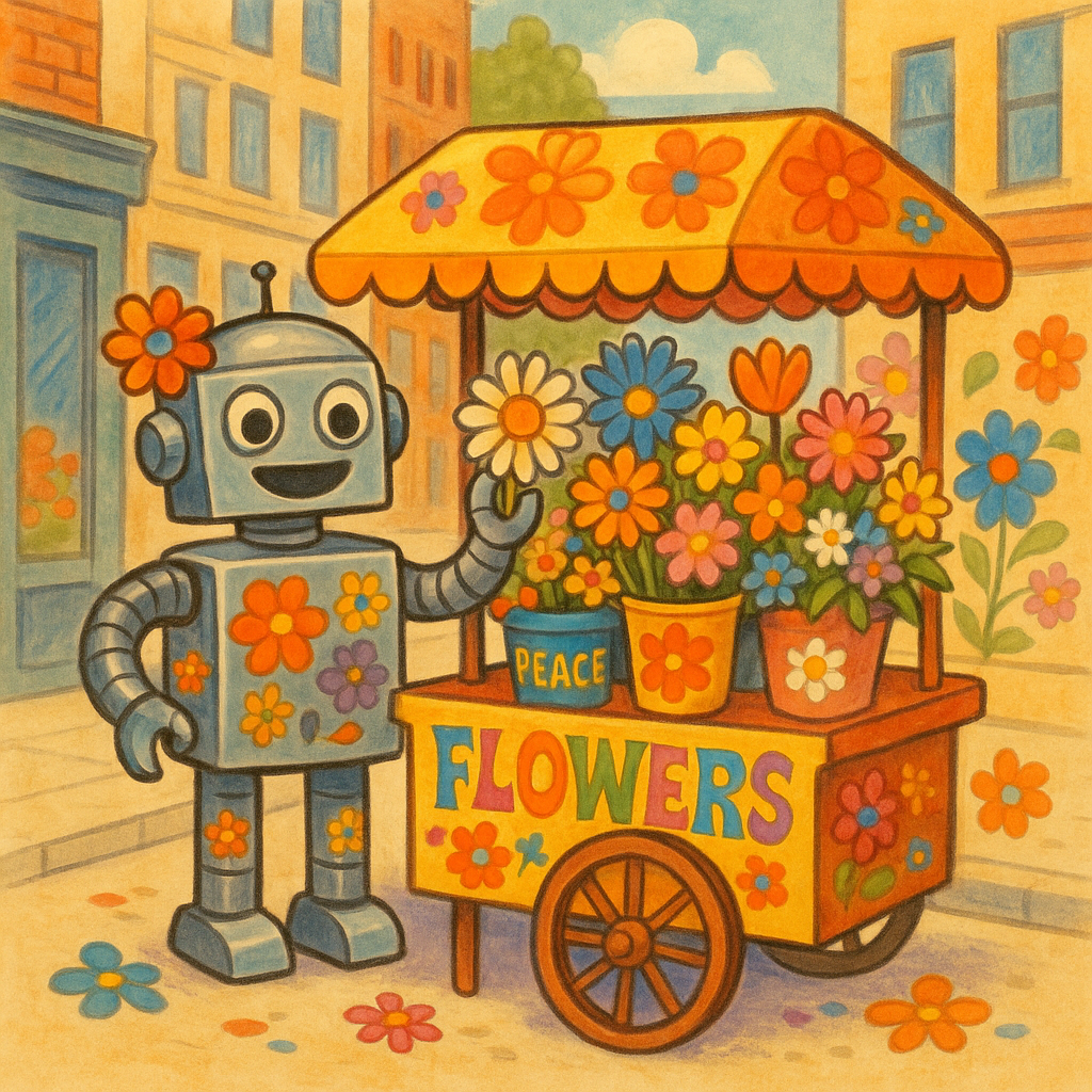 Happy 1960s robot flower power street vendor
