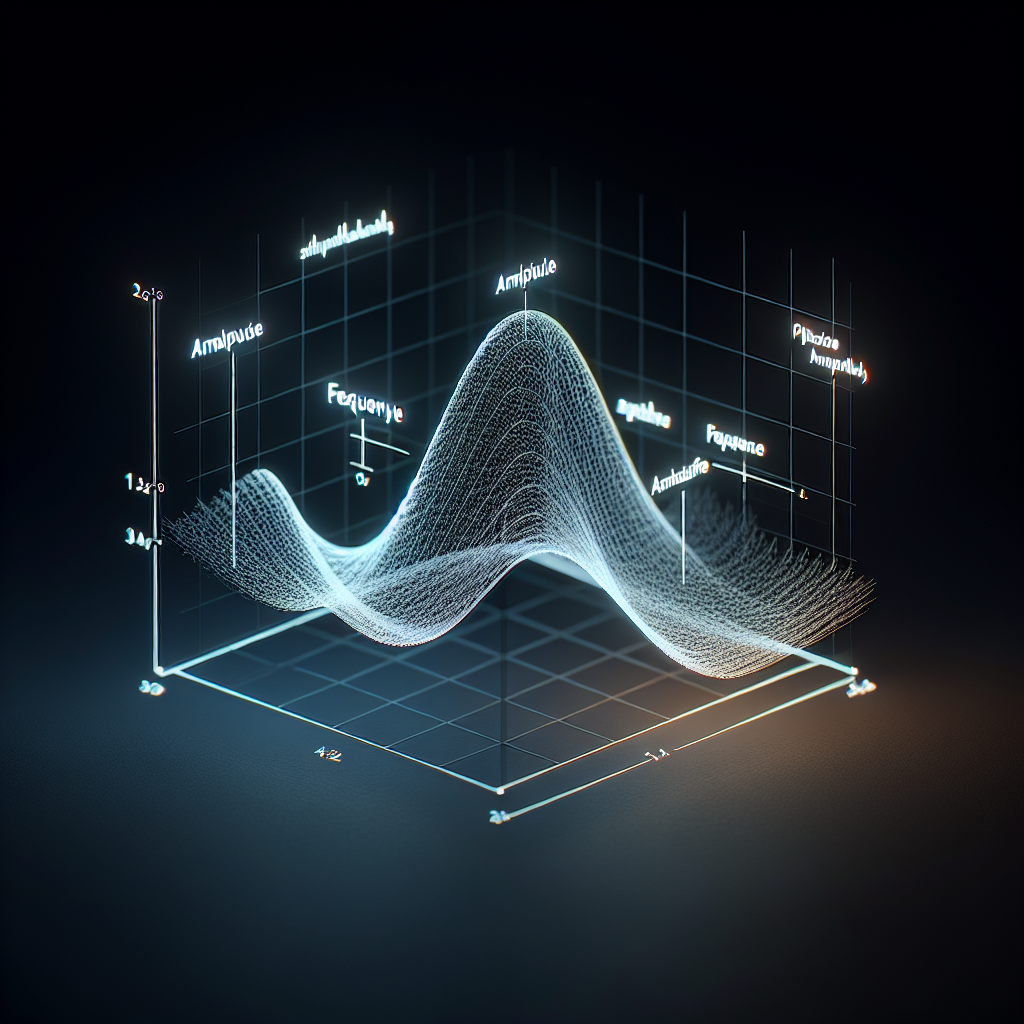 A minimalist 3D rendering of a glowing mathematical function graph, with key parameters like amplitude, frequency, and phase shift clearly labeled with clean lines and floating next to the curve, set against a dark, simple background.