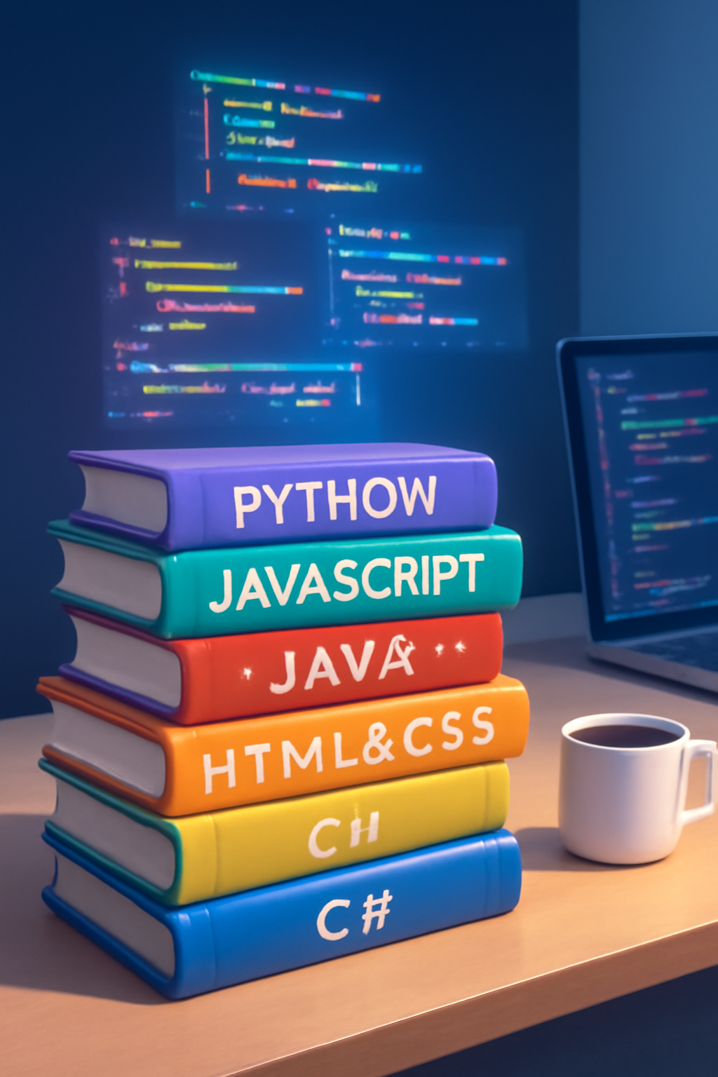 A vibrant stack of colorful programming books with glowing code snippets floating above them, on a clean, modern desk with a laptop and a cup of coffee, digital art style.