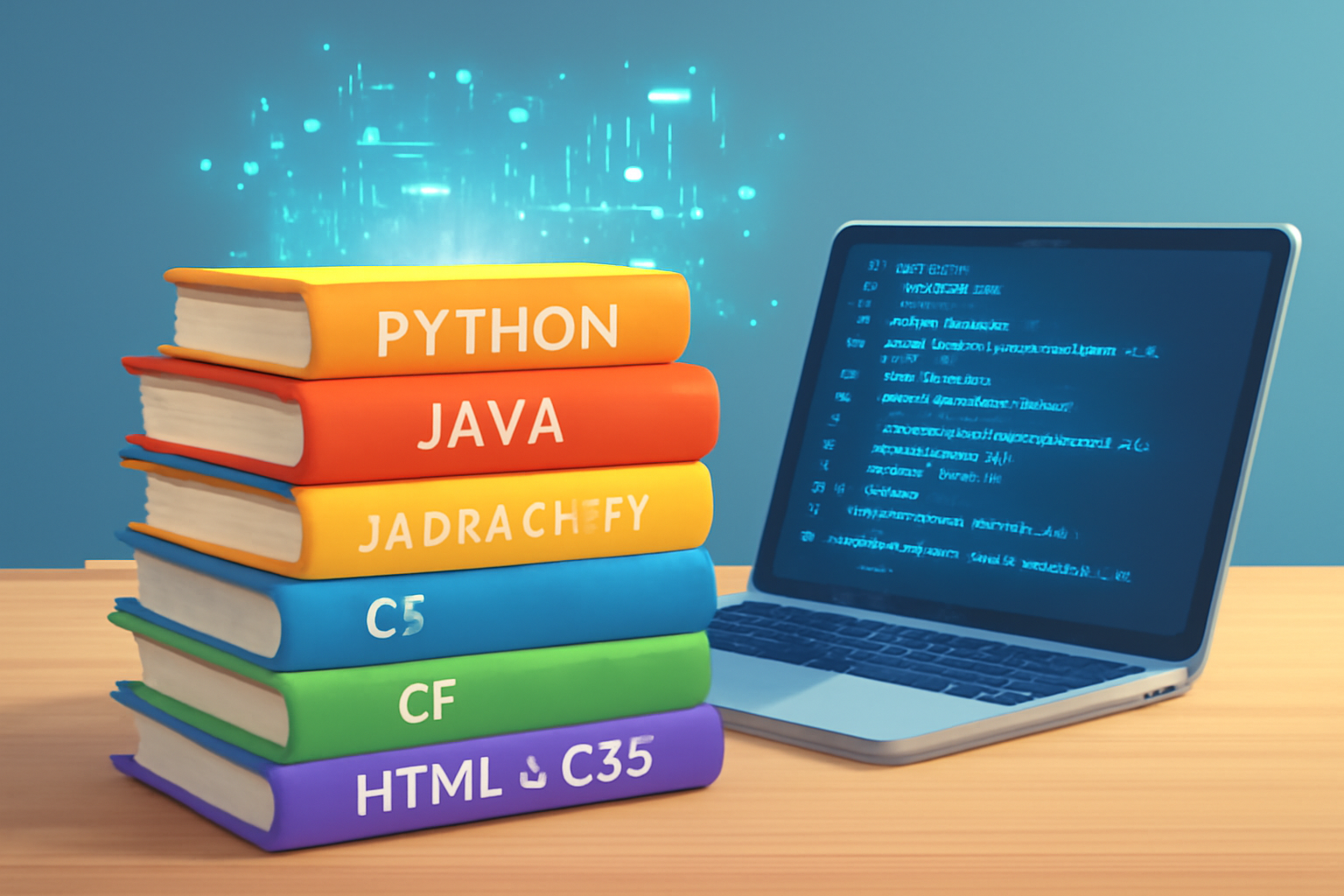 A vibrant, inviting stack of colorful programming books with glowing digital code flowing out from the pages, arranged neatly on a modern, clean desk with a laptop, simple and educational style.