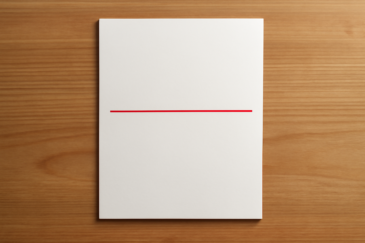 A single blank sheet of paper, clean and pristine, with a single red line drawn through the center, on a simple wooden desk.