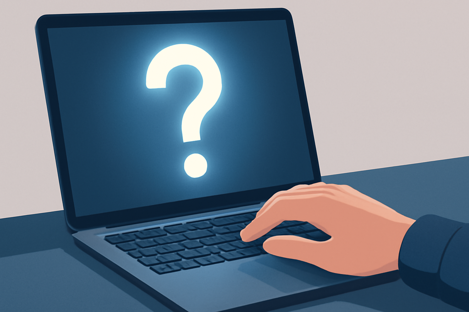 A hand typing on a laptop keyboard, a large question mark glowing on the screen, a simple and clean digital art style.
