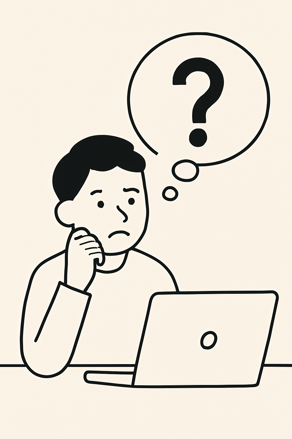 A person looking confused at a computer screen, with a thought bubble containing a giant question mark, simple line art, minimalist style, flat colors.