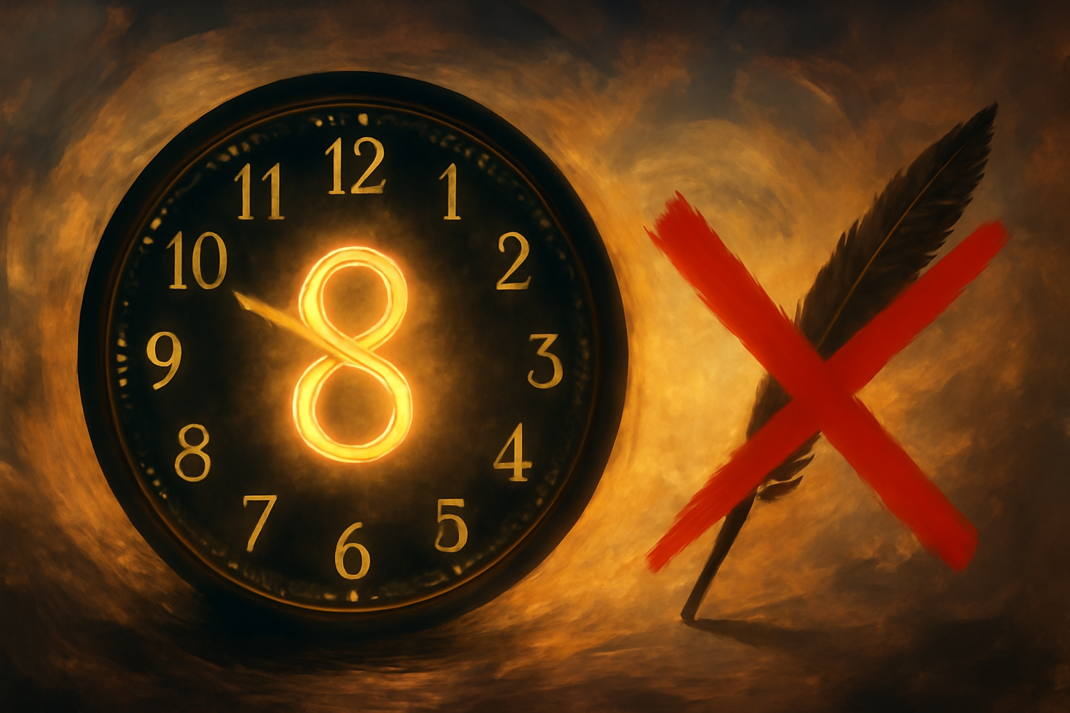 A single, oversized clock face with the number 8 glowing brightly, set against a simple, abstract background of swirling creative energy and a large red 