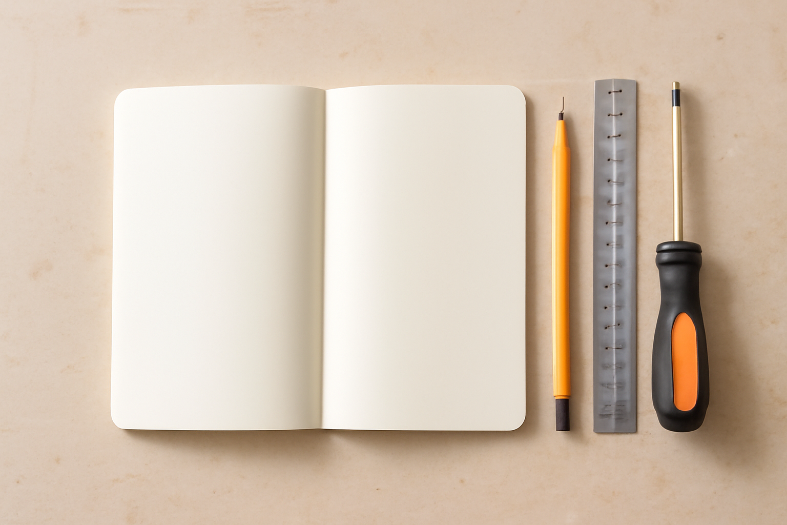 A simple, clean image of a blank notebook or journal lying open on a workbench with a few basic tools like a pencil, a ruler, and a screwdriver next to it, in a bright, minimalist style.