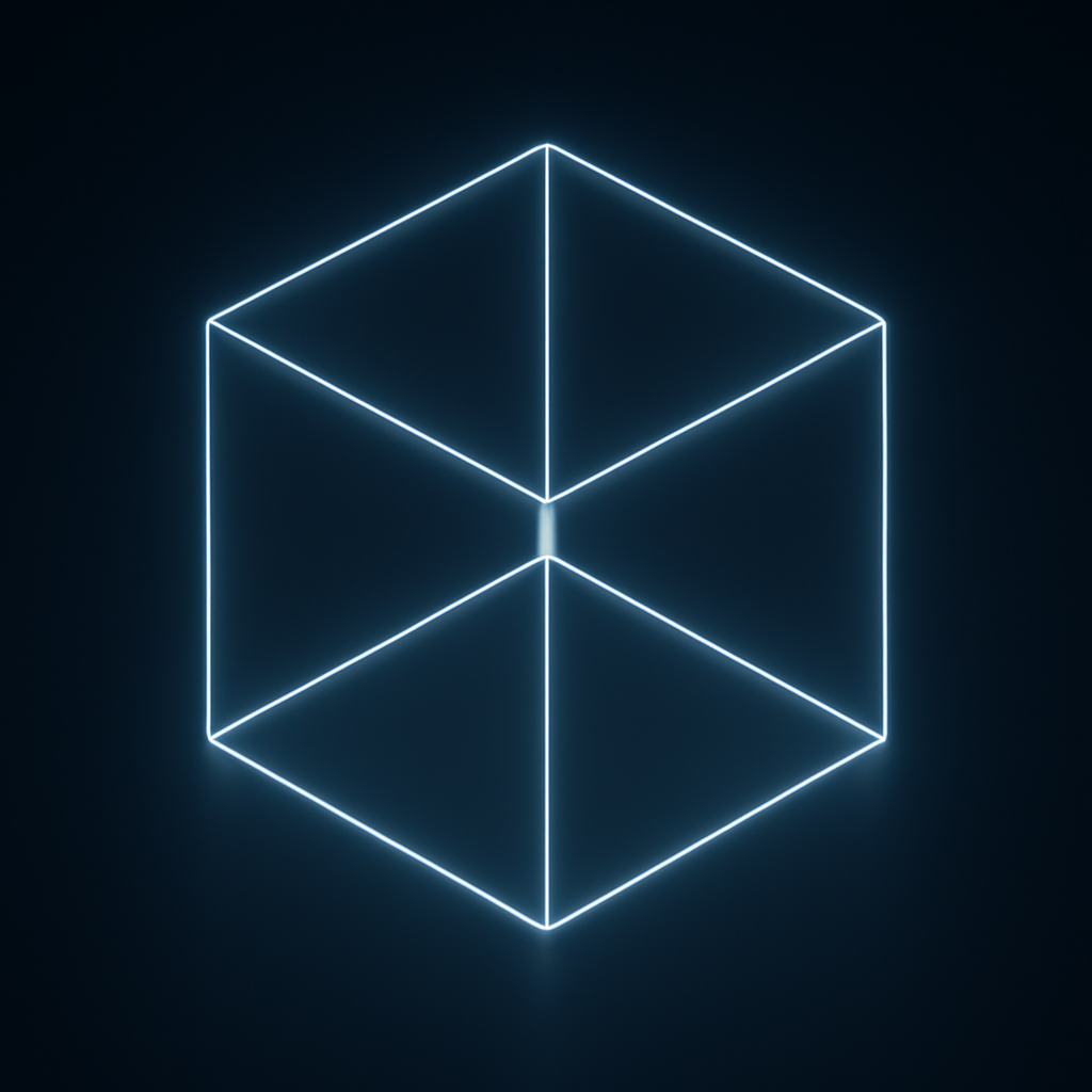 A minimalist, clean 3D wireframe cube rendered with simple geometric shapes and glowing lines on a dark background, showcasing efficient OpenGL rendering, software development aesthetic, code efficiency.