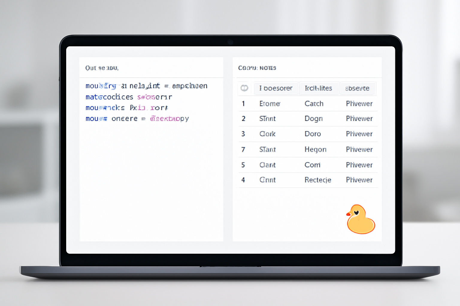 A clean, modern web interface with a SQL query editor on the left and a data results table on the right, featuring a small yellow rubber duck mascot logo in the corner, all displayed on a laptop screen with a blurred, minimalist office background.